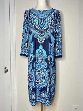 chicos tiered linen dress Women's Printed Cotton-Linen Belted Dress in Kelp Forest size 8/10